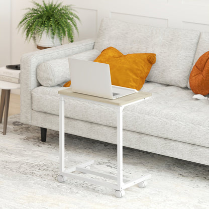 HOMCOM C-Shaped Sofa Side Table, Height Adjustable Overbed Table with Tilting Desktop, Mobile Laptop Desk for Living Room Bedroom, Oak and White