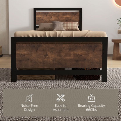 HOMCOM Single Size Metal Bed Frame w/ Headboard & Footboard, 97x195x103cm