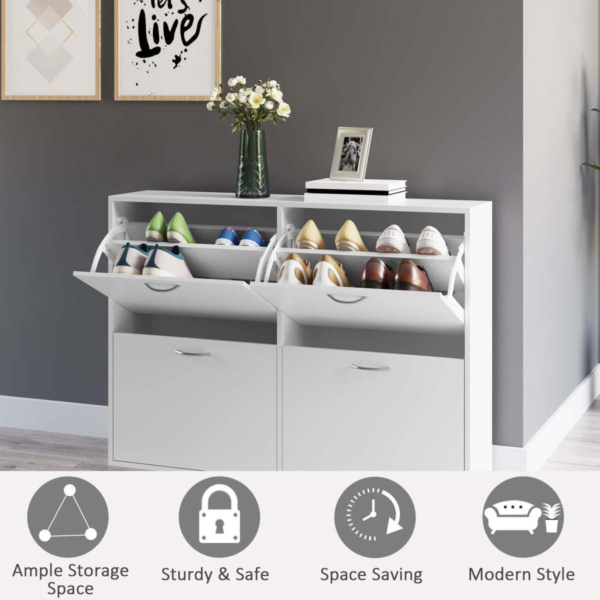 Wooden 4 Drawer Shoes Cabinet Multi Flip Down Shelf Drawer Organizer - White