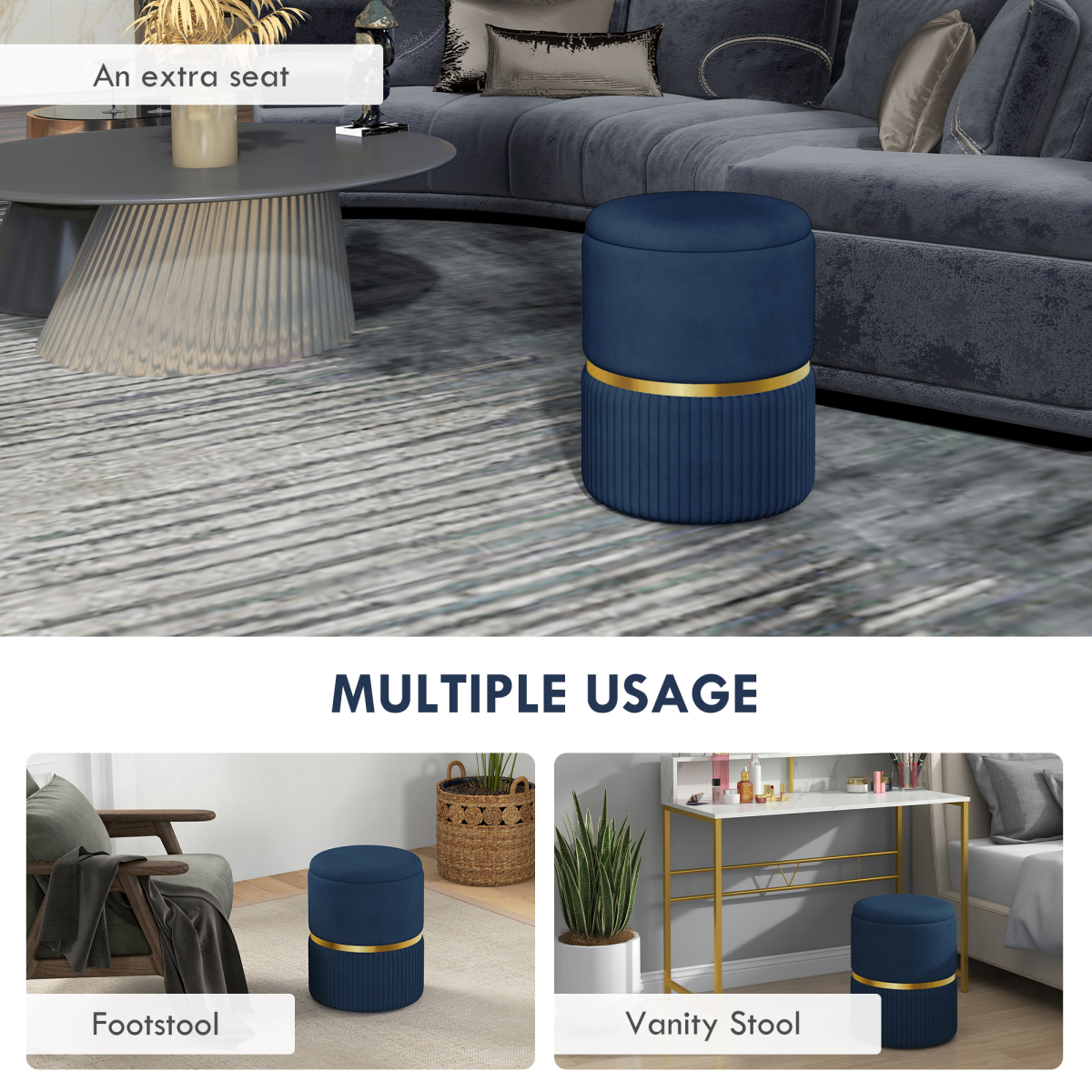 HOMCOM Round Pouffe, Storage Footstool with Cushioned Top, Hidden Space
