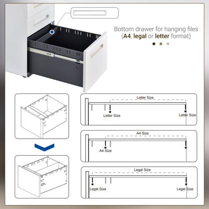 3 Draw Modern Steel Filing Cabinet w/ 4 Wheels Lock Pencil Box White Vinsetto