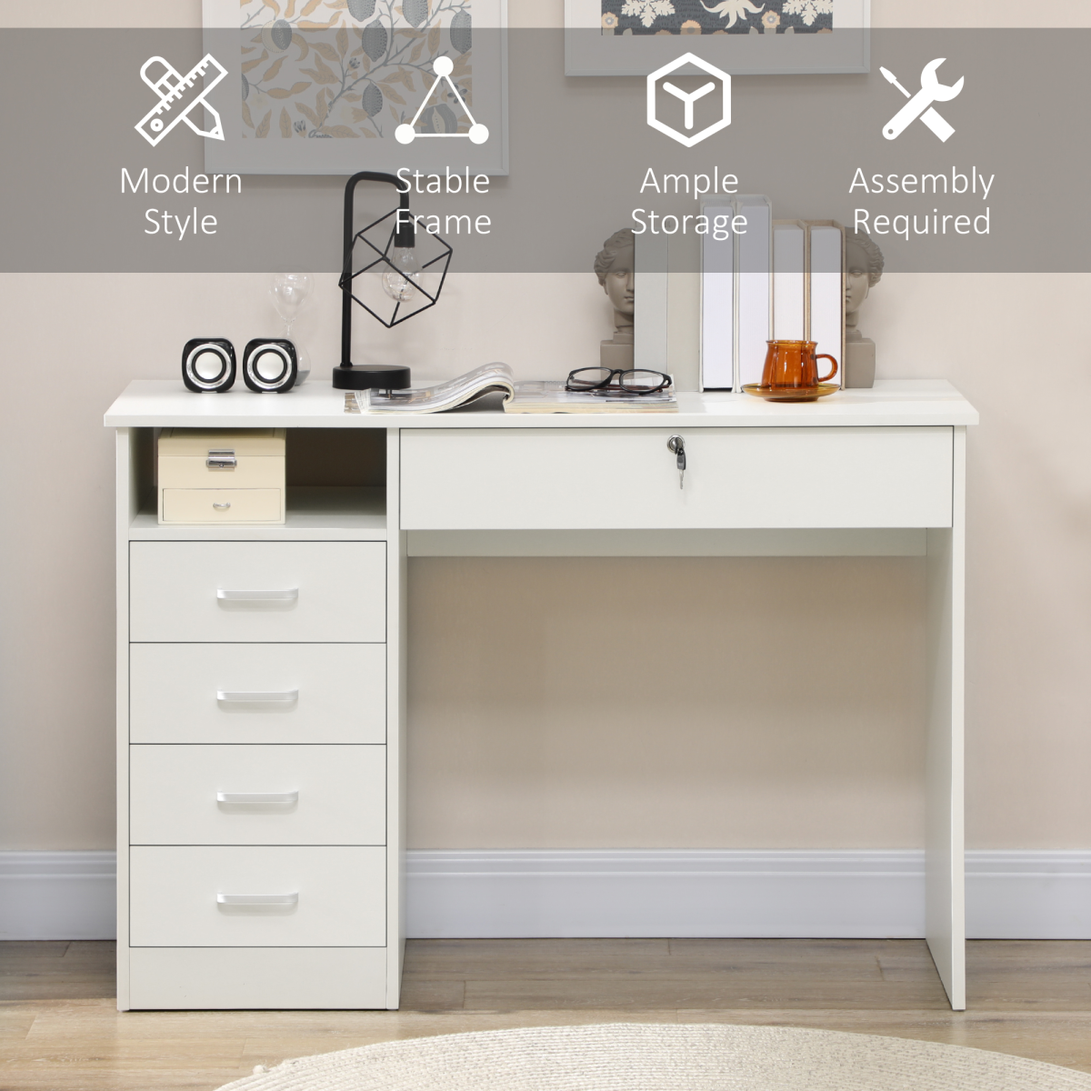 Computer Desk Writing Desk with Five Drawers for Home Office White