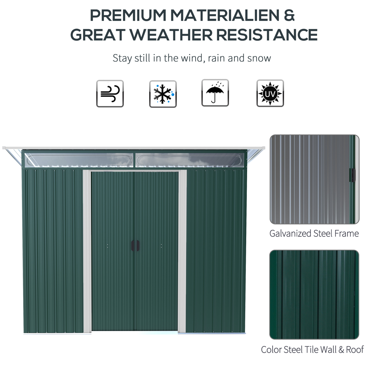 Pent Roofed Metal Shed Foundation Vent 260x133x200cm Sliding Door Green