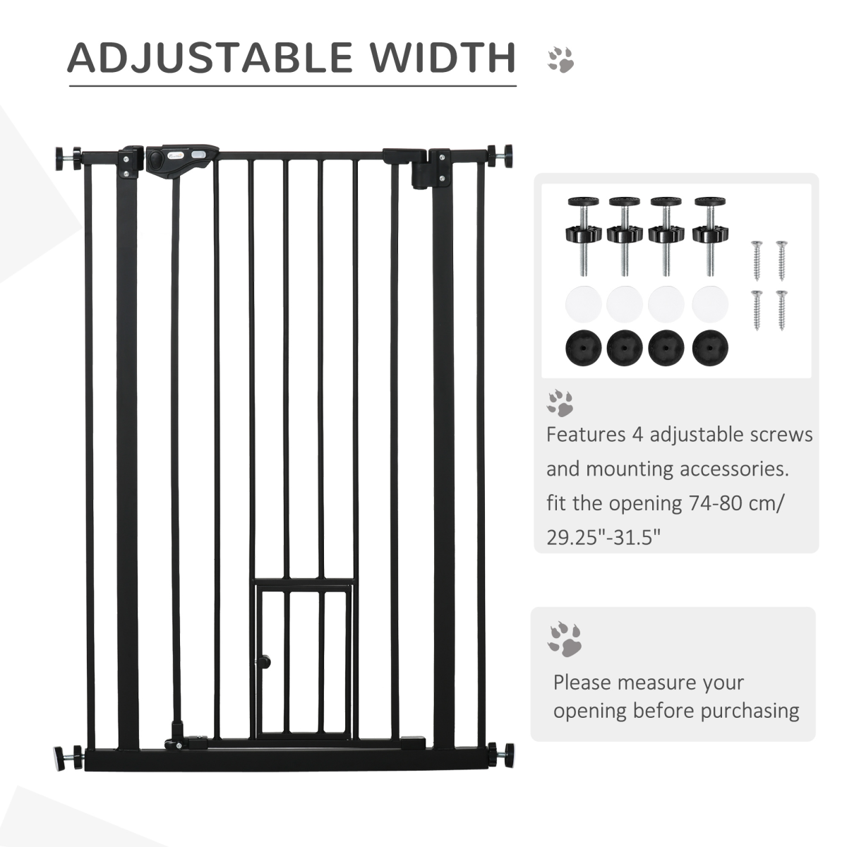 Extra Tall Dog Gate with Cat Door Auto Close for Stairs 74-80 cm Wide Pawhut