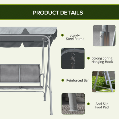 Outsunny Metal Swing Chair Garden Hammock 3 Seater Patio Bench with Canopy, Grey