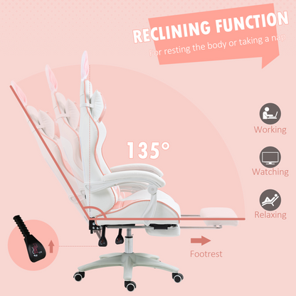 Vinsetto Racing Style Gaming Chair with Footrest Removable Rabbit Ears, Pink