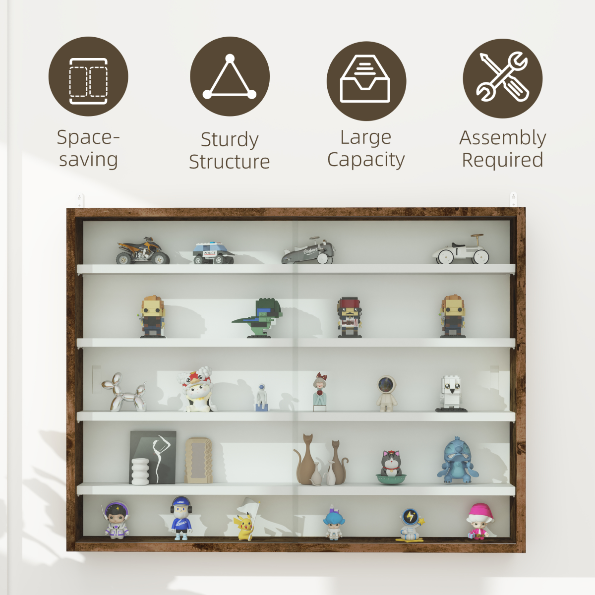 HOMCOM 5-Tier Wall Display Shelf Unit Cabinet w/ Shelves Glass Doors brown