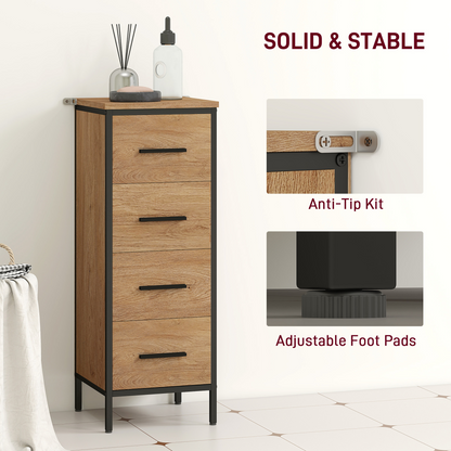 HOMCOM Narrow Bathroom Storage Cabinet with 4 Drawers for Small Spaces, Oak