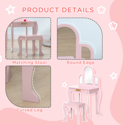 Kids Dressing Table and Stool w/ Mirror and Drawer, for Ages 3-6 Years - Pink
