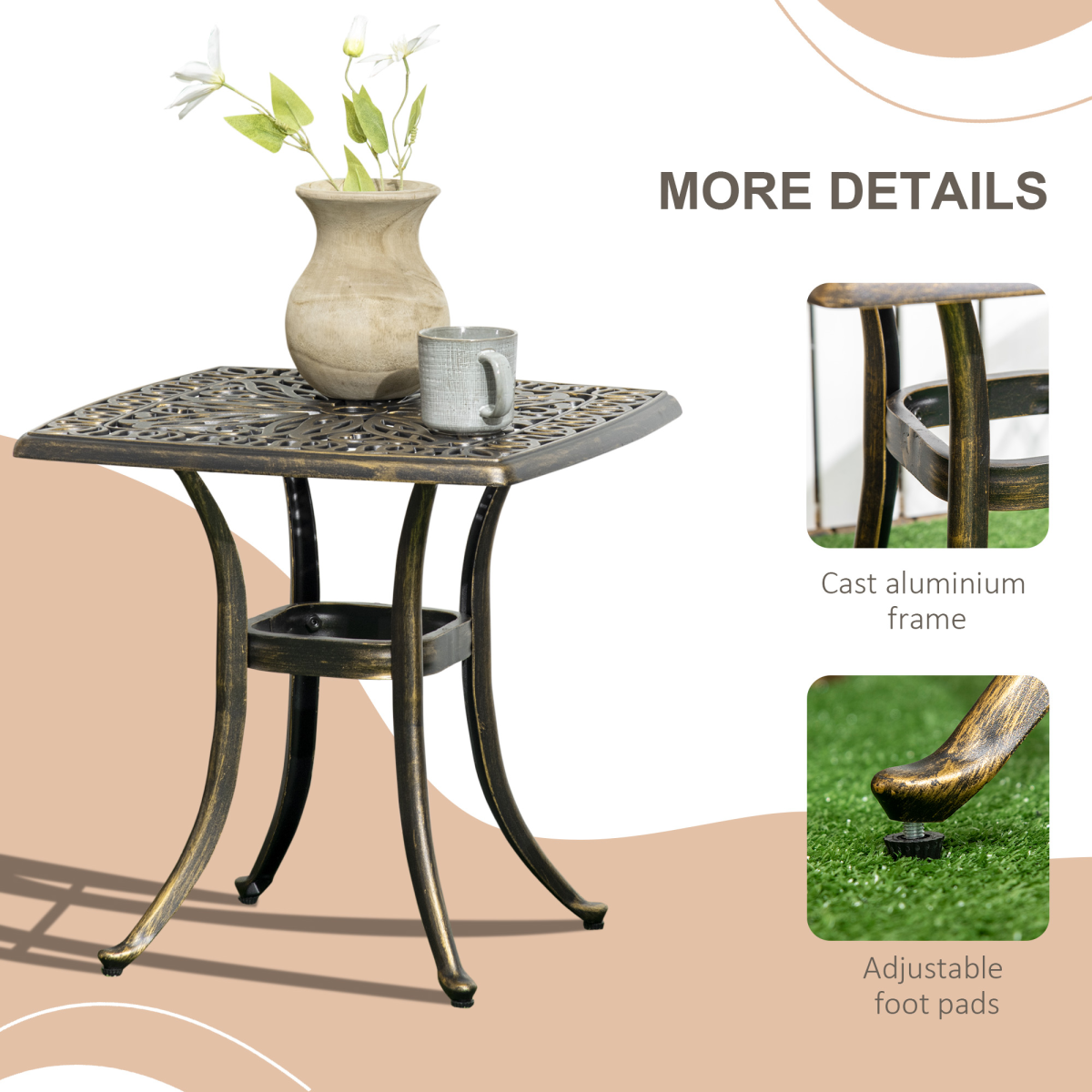 Outsunny 54 x 54cm Aluminium Outdoor Garden Side Table w/ Umbrella Hole, Bronze