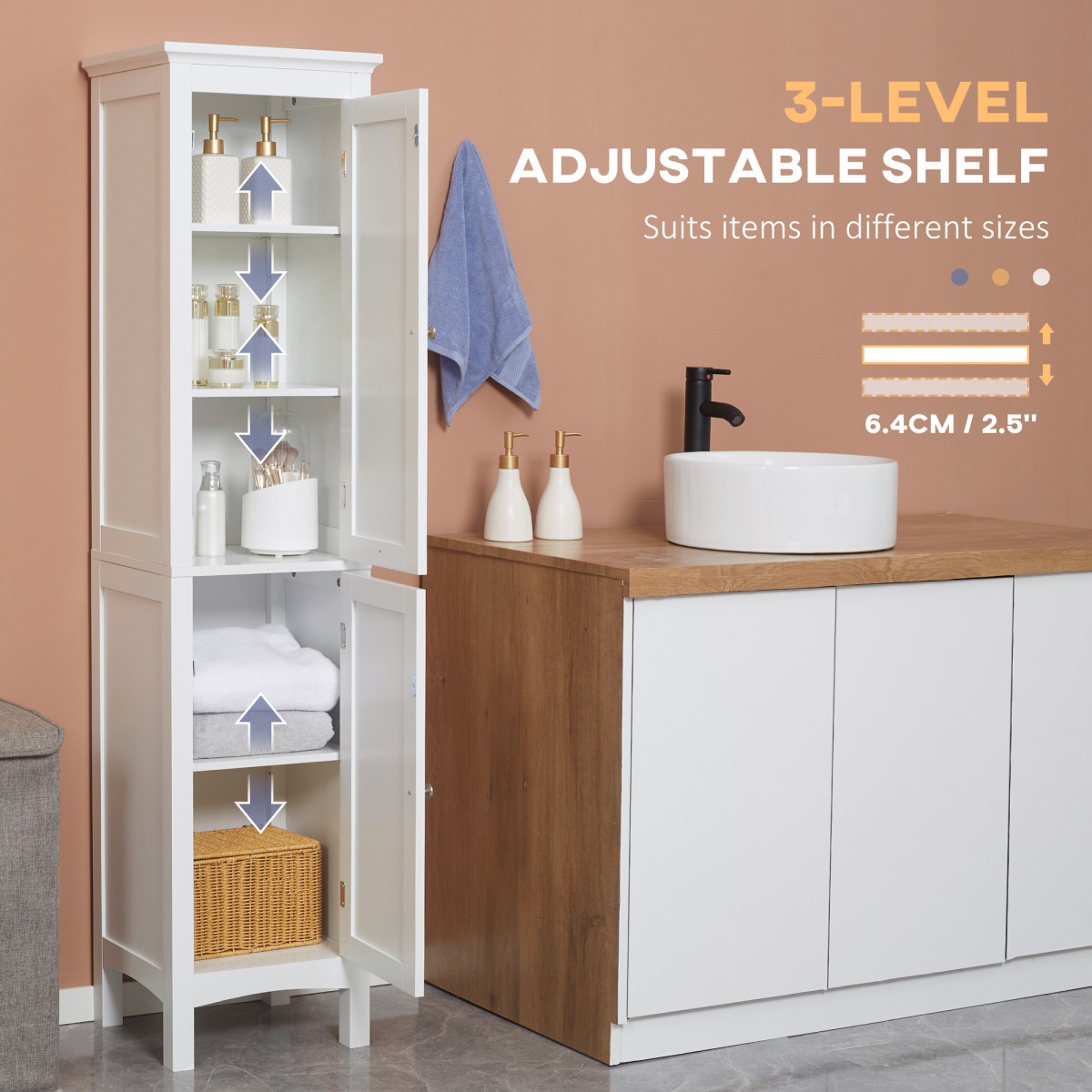 kleankin Tall Bathroom Cabinet with Adjustable Shelves, Double Door, White