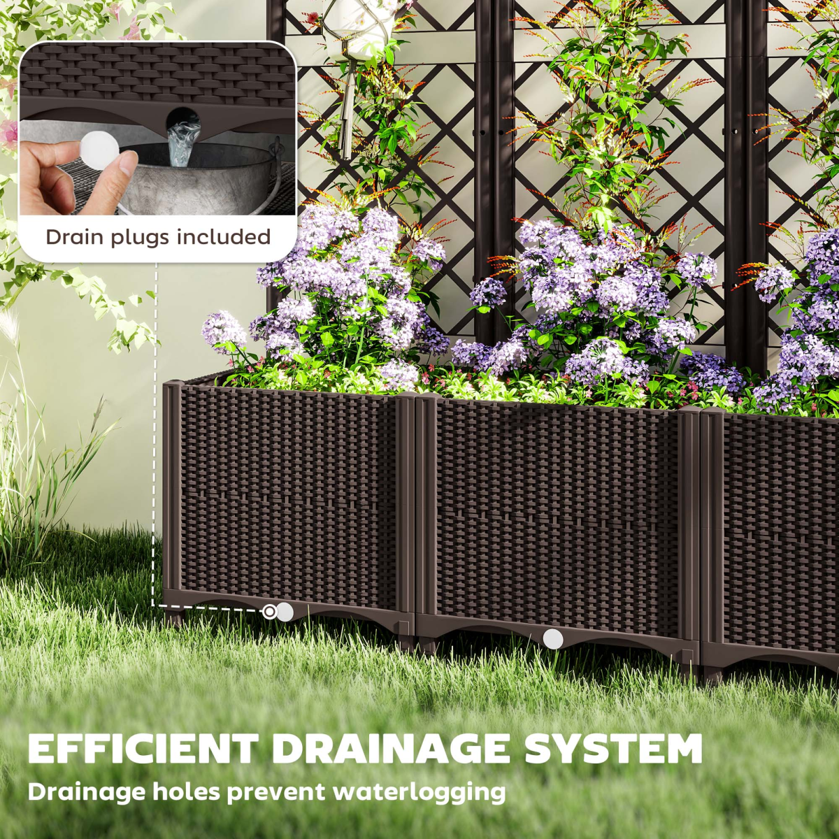 Outsunny Plastic Planter Box with Trellis, Vegetable Planter w/ Drain Plugs