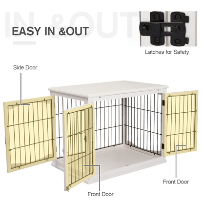 Wooden Dog Crate End Table Pet Puppy Cage w/Metal Wire for Small Dog White