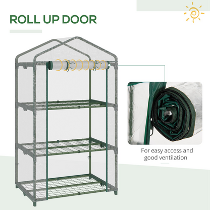 3 Tier Mini Greenhouse Roll Up Door Wire Shelves, 69x49x125cm, Clear