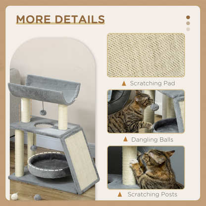 Cat Tree Tower for Indoor Cats w/ Scratching Posts, Pad, Light Grey, Toy Ball