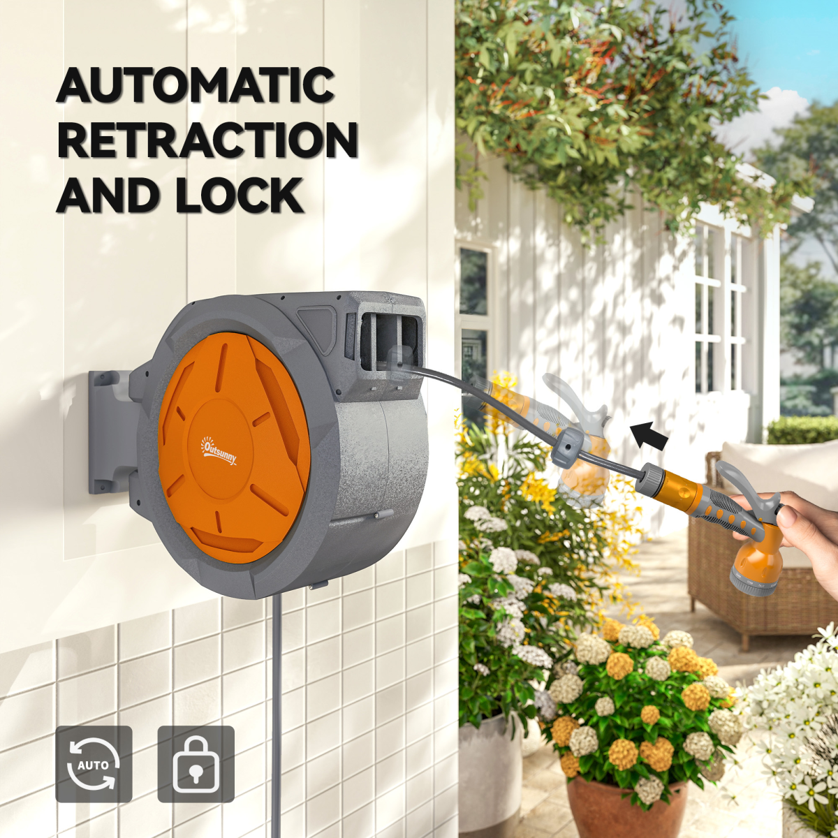 Outsunny Retractable Hose Reel Wall Mounted with Lock, Orange