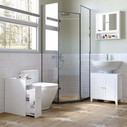Slim Floor Cabinet Narrow Wooden Storage with Drawers Bathroom White HOMCOM