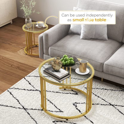 HOMCOM 2 Pieces Round Nesting Coffee Tables with Tempered Glass Top, Gold Tone