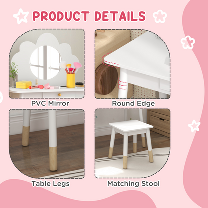 AIYAPLAY Kids Dressing Table with Mirror and Stool, Drawer, Cloud Design