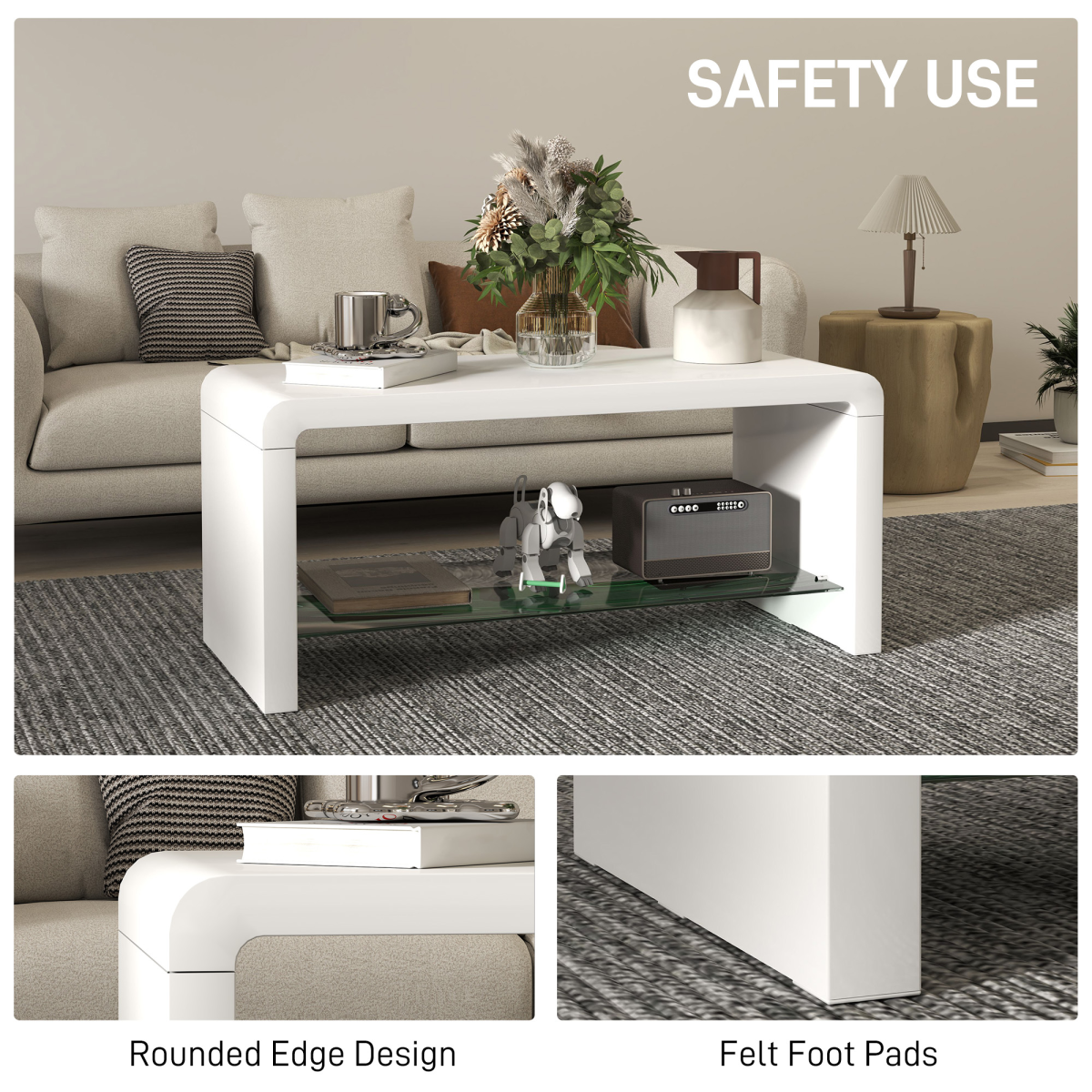 HOMCOM High Gloss Storage Coffee Table, Centre Table for Living Room, White