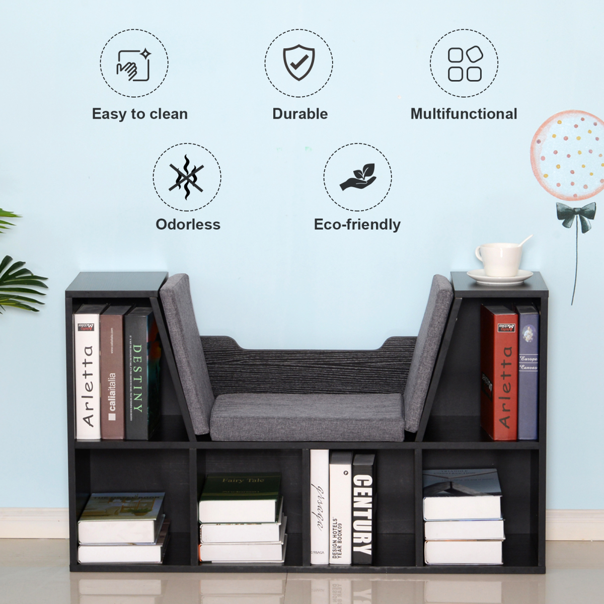 Sideboard Bookcase Storage Reading Seat w/Cushion Unit Kids Children Black