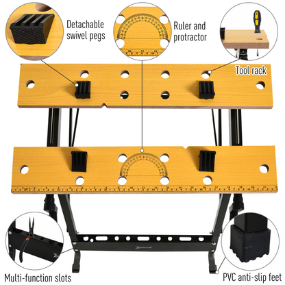 DURHAND MDF Top Portable Work Bench w Adjustable Clamps Black