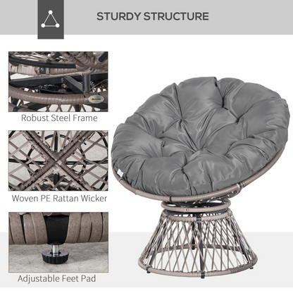 360??Swivel Rattan Papasan Moon Bowl Chair Round Outdoor Padded-Grey Outsunny