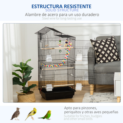Metal Bird Cage for Budgies, Finches w/ Accessories, Toys, Tray, Handle - Black