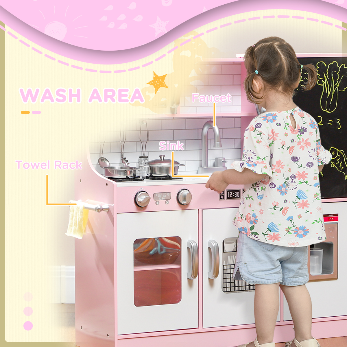 AIYAPLAY Play Kitchen, Pretend Toy Kitchen w/ Toy Phone, Chalkboard, Sink