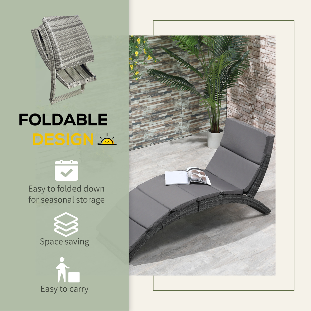 Garden Patio Rattan Wicker Folding Sun Lounger Cushion  Grey