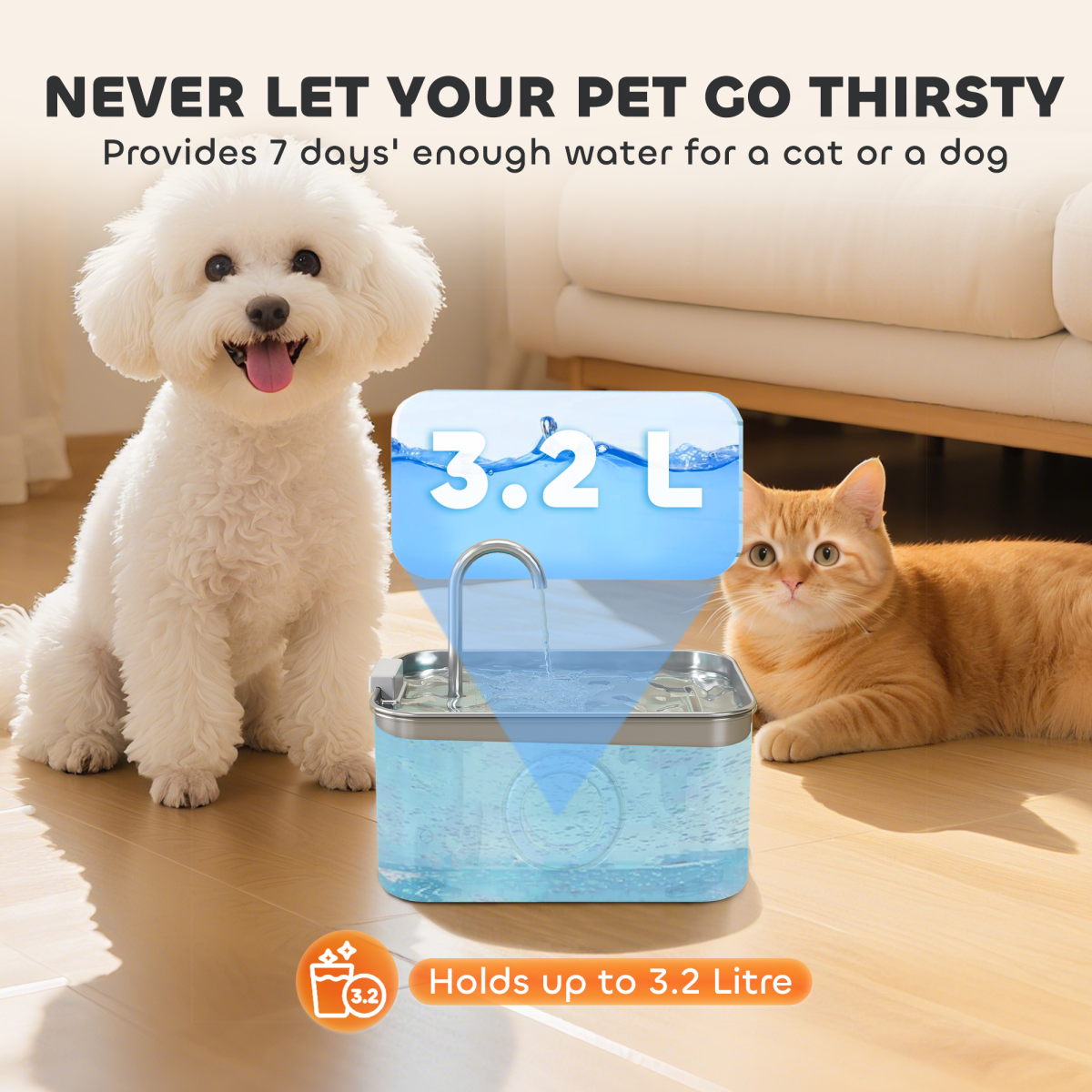 PawHut 3.2L Cat Water Fountain for Drinking Stainless Steel Ultra-Silent
