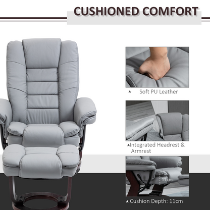 Swivel Manual Recliner and Footrest Set PU Lounge Chair Wood Base, Grey