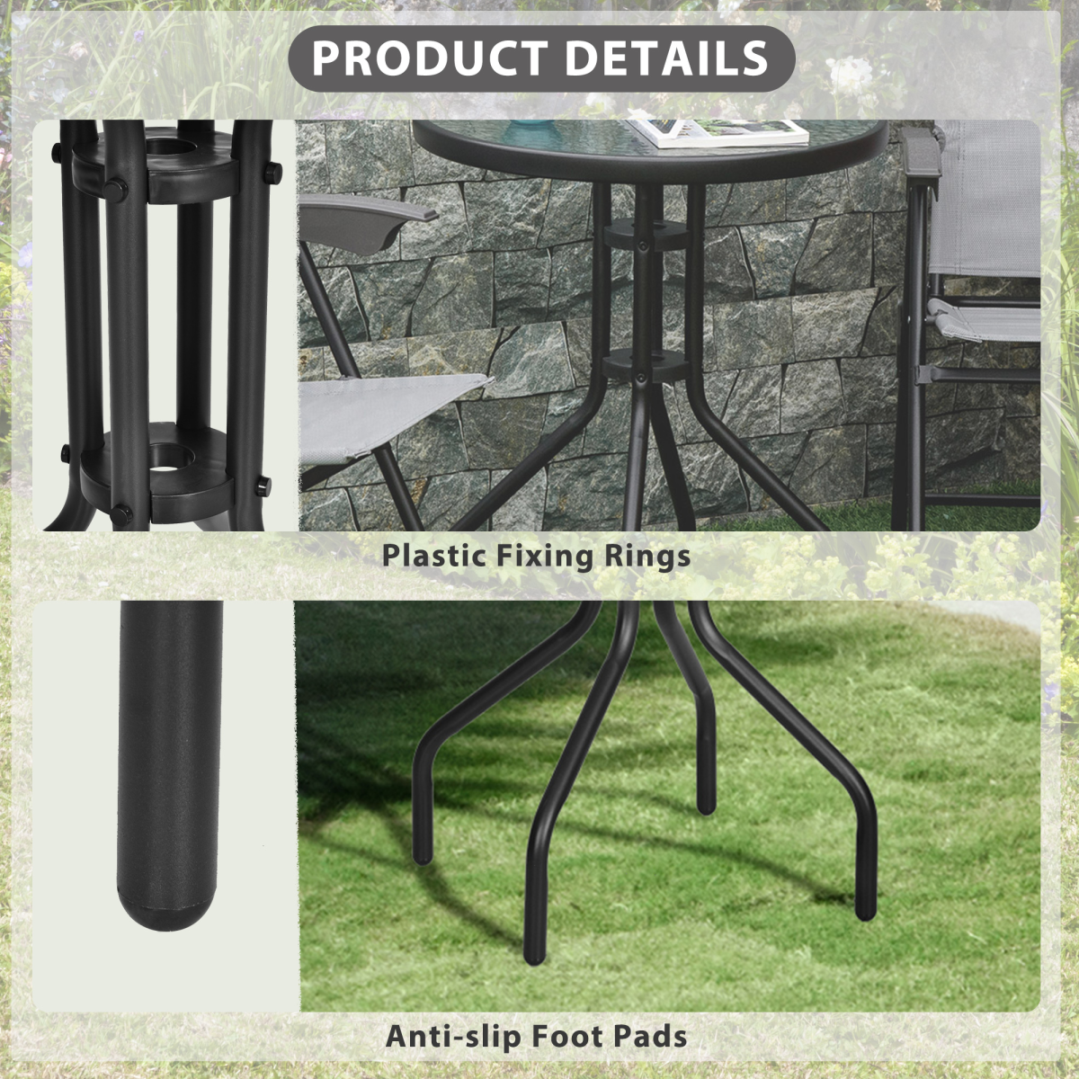 60 70H cm Round Metal Table, Tempered Glass-Black