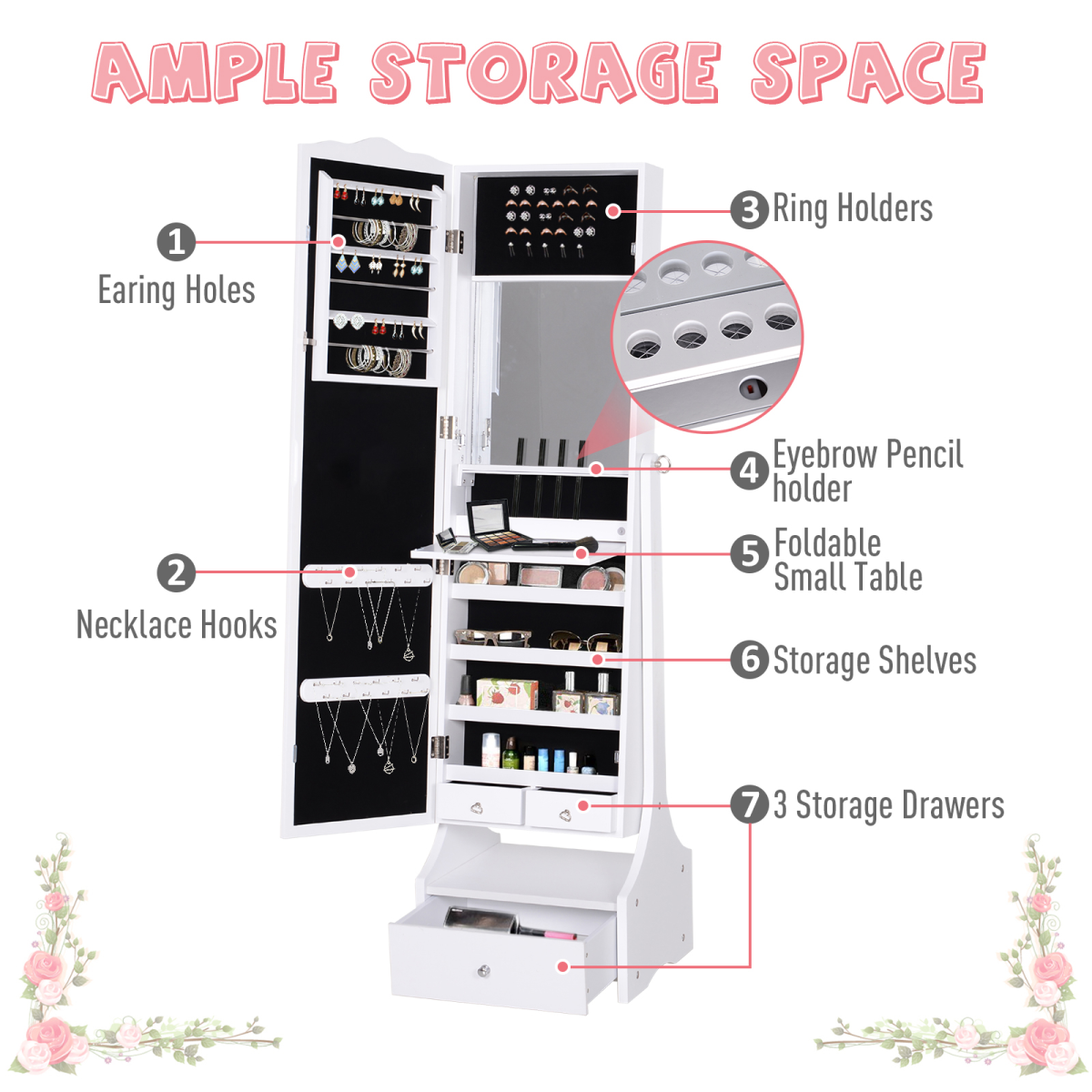 Mirrored Jewelry Cabinet Armoire Floor Standing  Lock, LED Light White