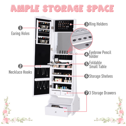 Mirrored Jewelry Cabinet Armoire Floor Standing  Lock, LED Light White