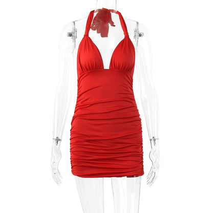 Deep V-neck Halterneck Strapless Backless Pleated Dress
