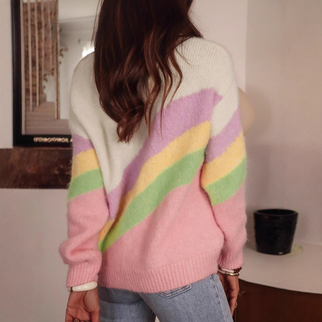 Elegant Holiday Round Neck Shoulder Button Striped Colored Pullover Sweater