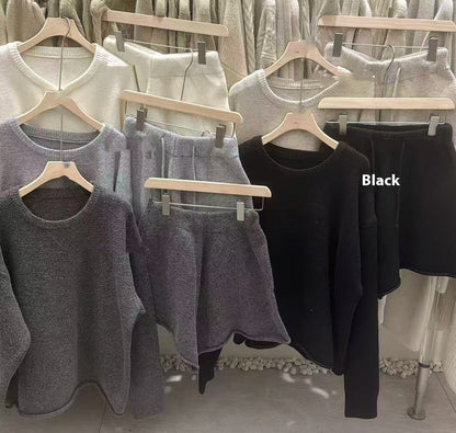 Loose-fitting Long Sleeve Sweater Knitted Wide Leg Shorts Two-piece Set