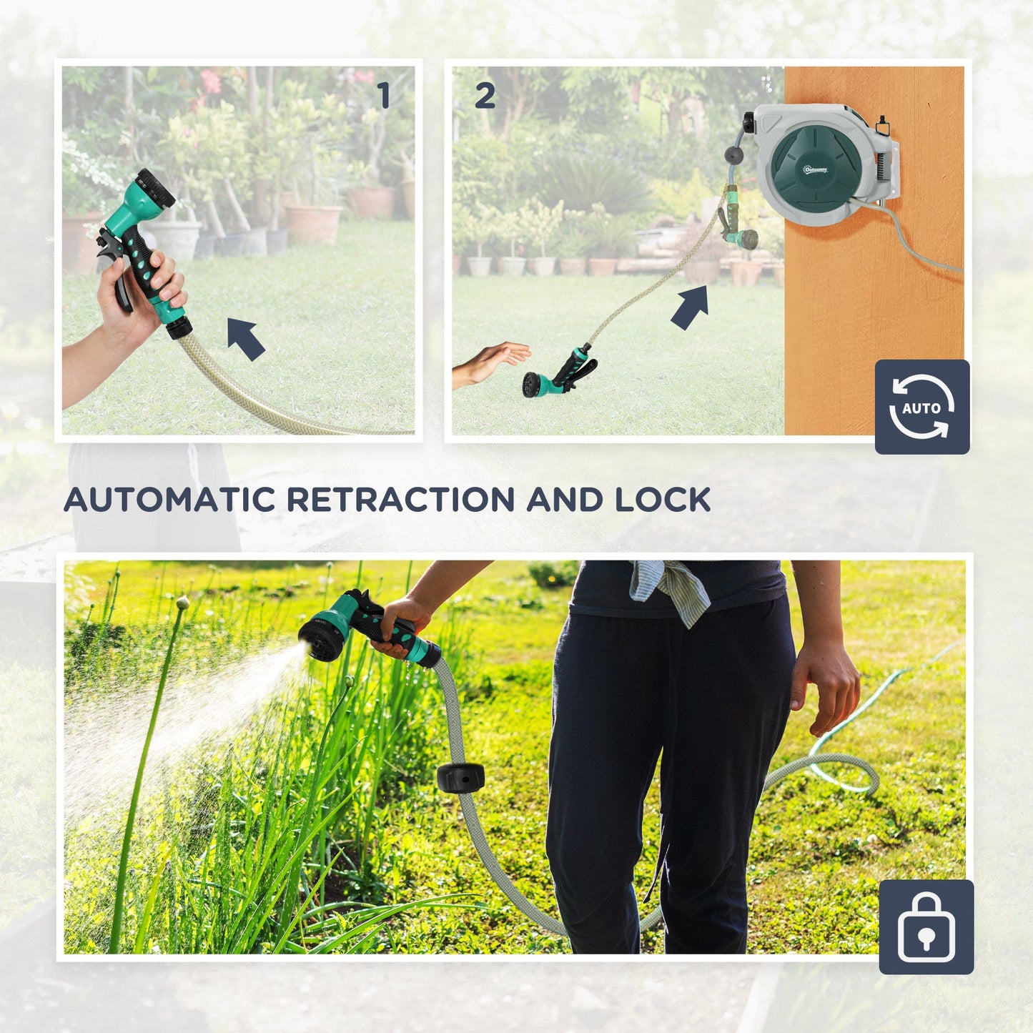 Outsunny Retractable Hose Reel Wall Mounted, 30+2m Garden Hose Pipe Reel with Lock, Auto Rewind, 7 in 1 Spray Nozzle, Includes Wall Fixings, 180\'c2\'b0 Swivel, Outdoor Watering, Grey