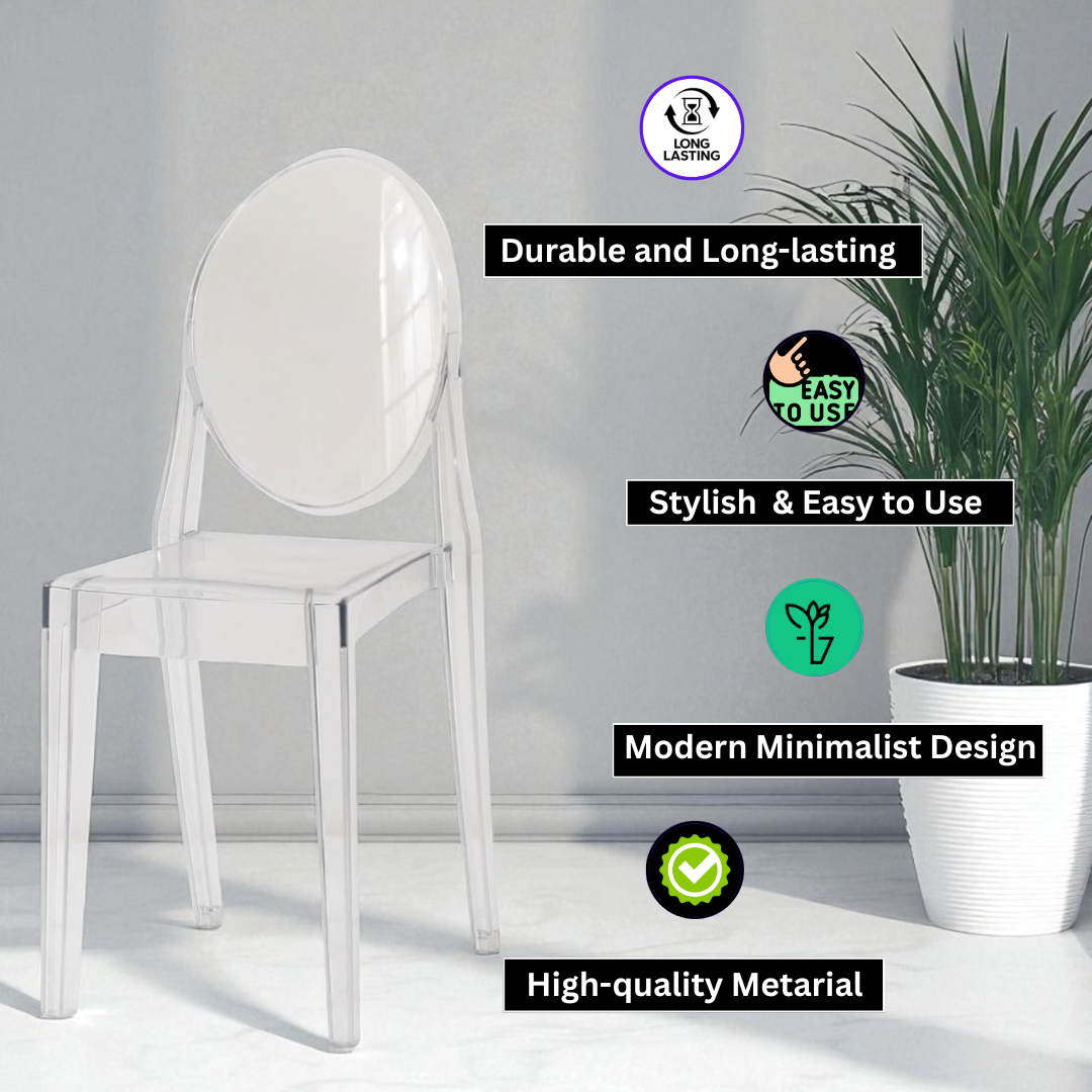 Modern and Contemporary Ghost Clear Plastic Dining Chair – Sleek and Minimalist Look, Transparent Acrylic Design for Dining Rooms, Kitchens, Offices, or Indoor and Outdoor Use