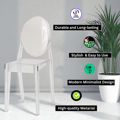 Modern and Contemporary Ghost Clear Plastic Dining Chair – Sleek and Minimalist Look, Transparent Acrylic Design for Dining Rooms, Kitchens, Offices, or Indoor and Outdoor Use