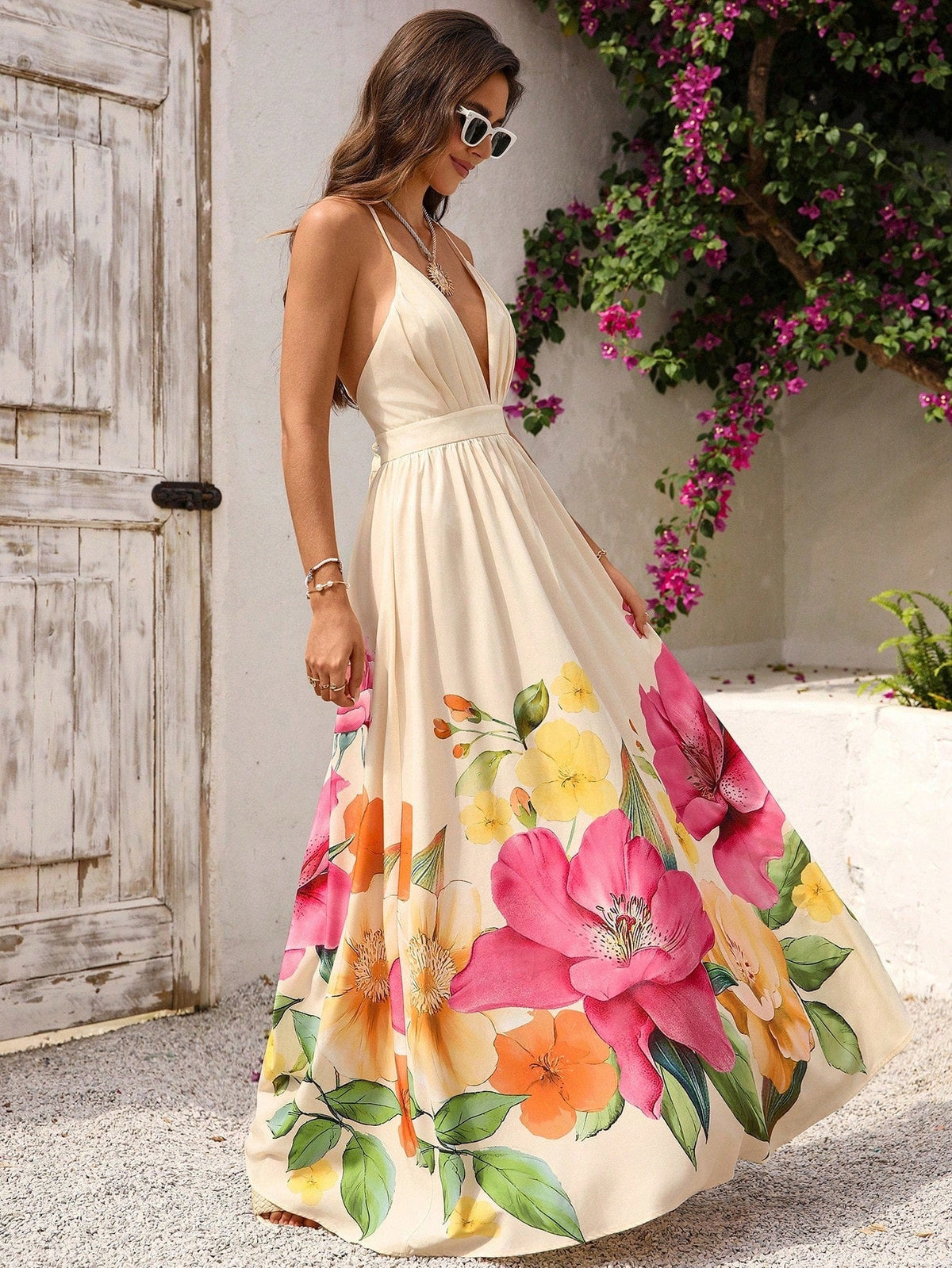 Women's Printed Deep V-neck Backless Dress