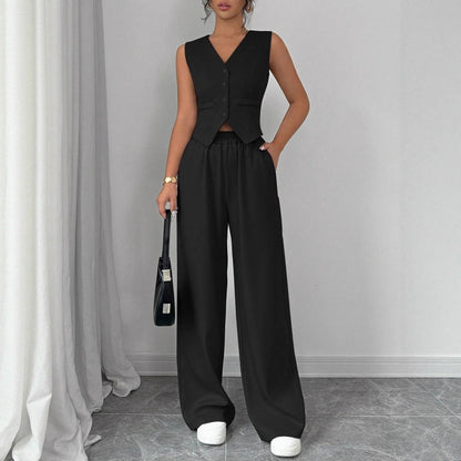 Elegant Button-front Sleeveless Vest And Trousers Set