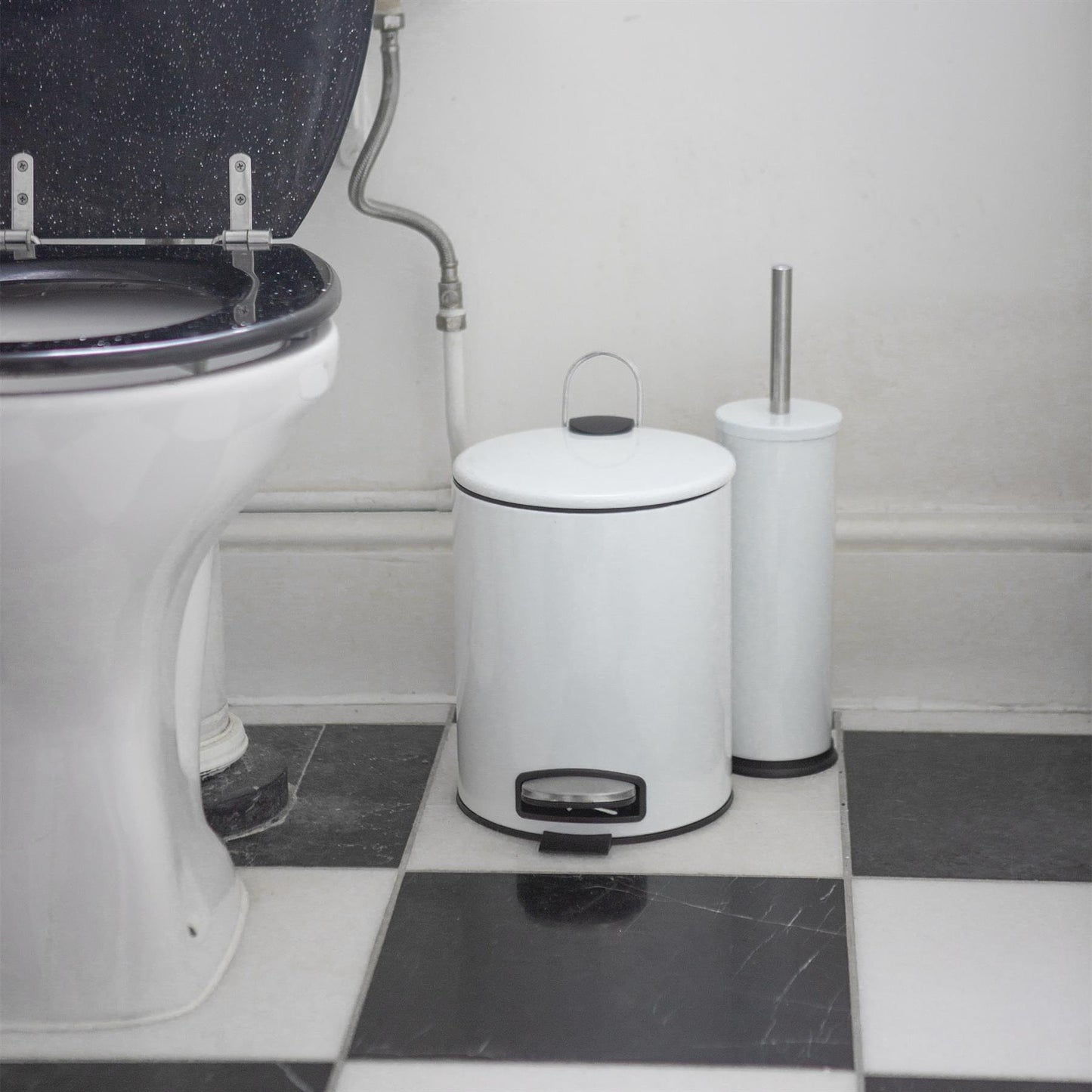 2pc 5L White Round Stainless Steel Pedal Bin & Toilet Brush Set