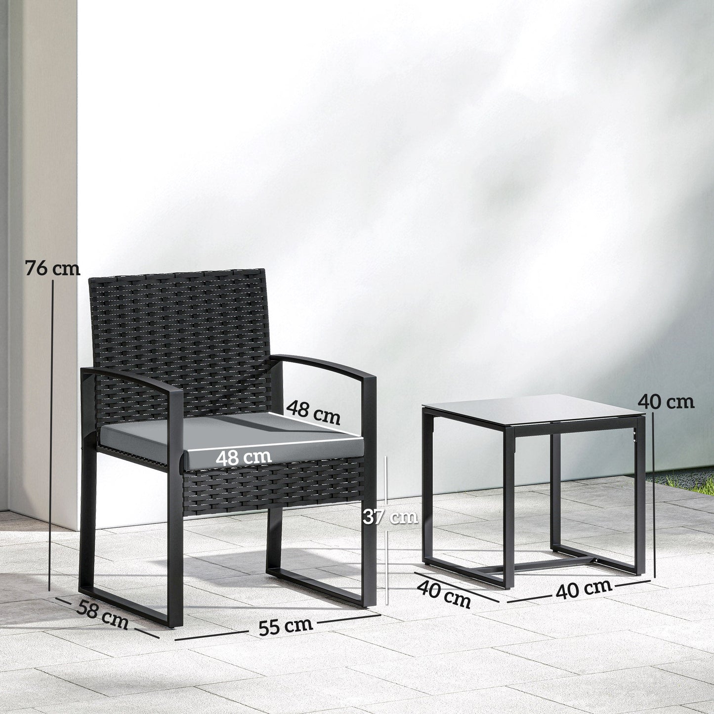 Outsunny Rattan Bistro Set, 3 Piece Garden Furniture Set with Glass Top Table and Cushions, Light Grey