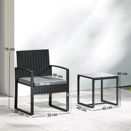 Outsunny Rattan Bistro Set, 3 Piece Garden Furniture Set with Glass Top Table and Cushions, Light Grey
