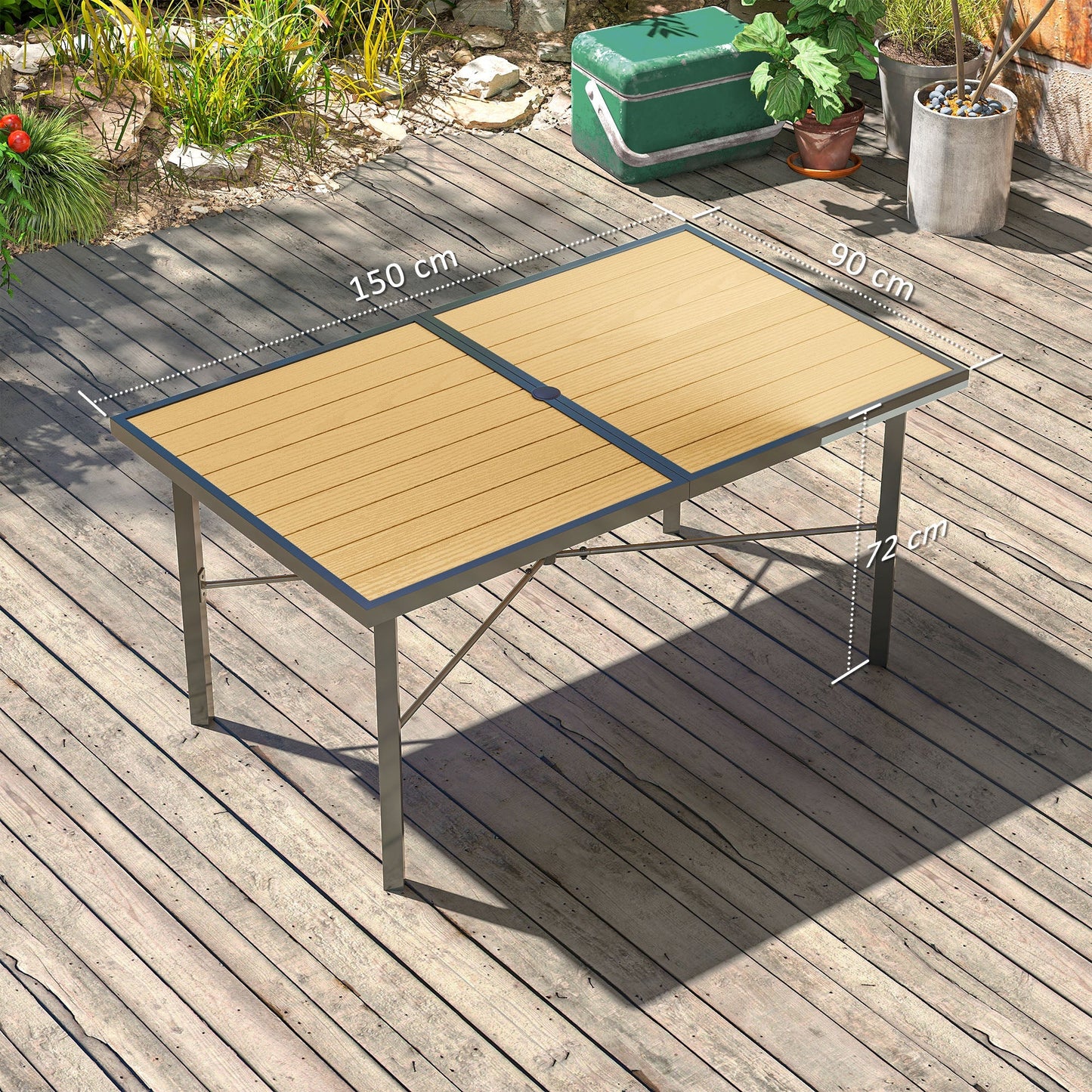 Outsunny Garden Table for 6, Outdoor Dining Table with 5cm Umbrella Hole, Wood Effect Top, Rust Resistant Frame, for Patio, Balcony, Terrace, 150 x 90 cm