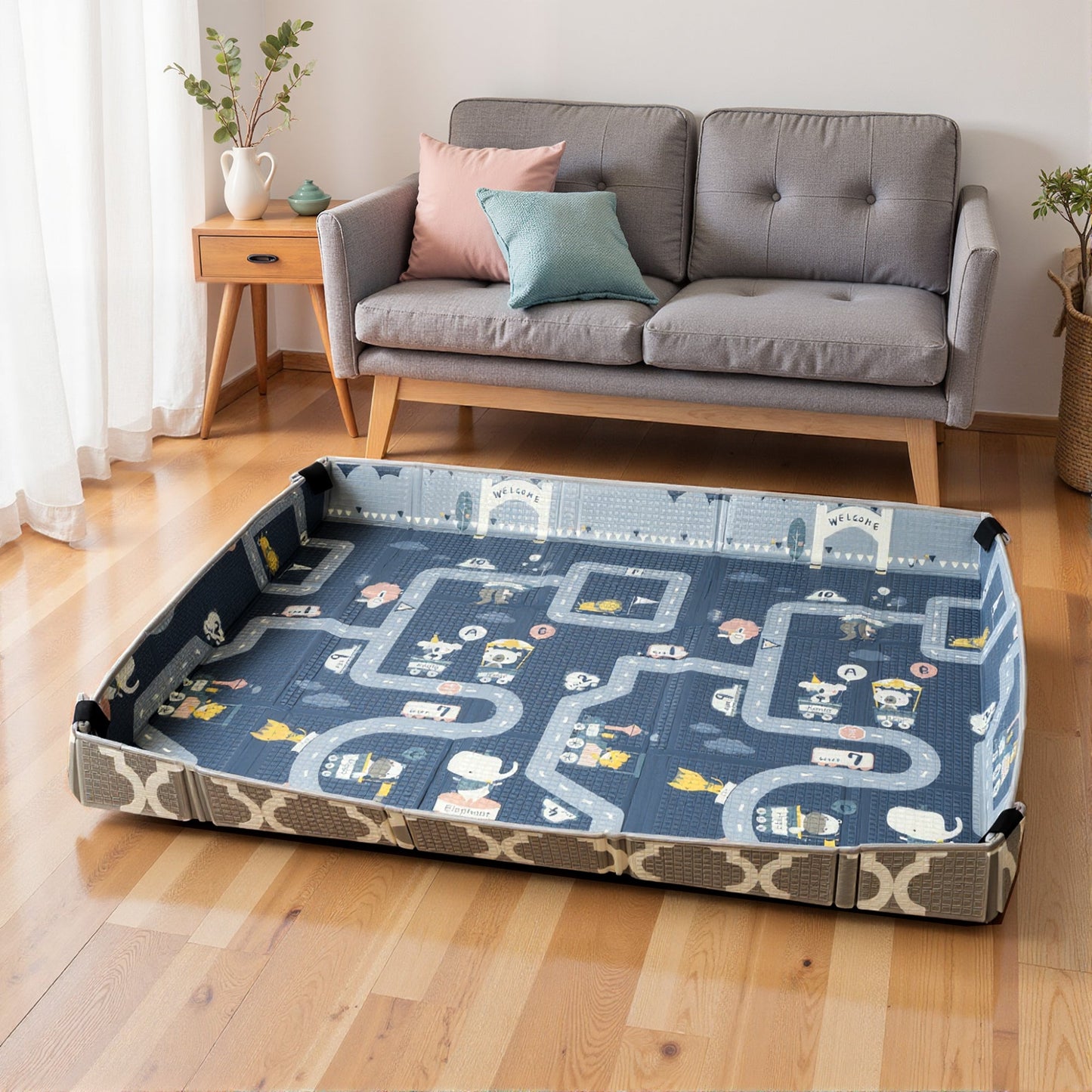 AIYAPLAY Foldable Baby Play Mat, Baby Playpen, Reversible Foam Playmat, Floor Mats for Toddlers, Traffic and Grey Diamond Theme