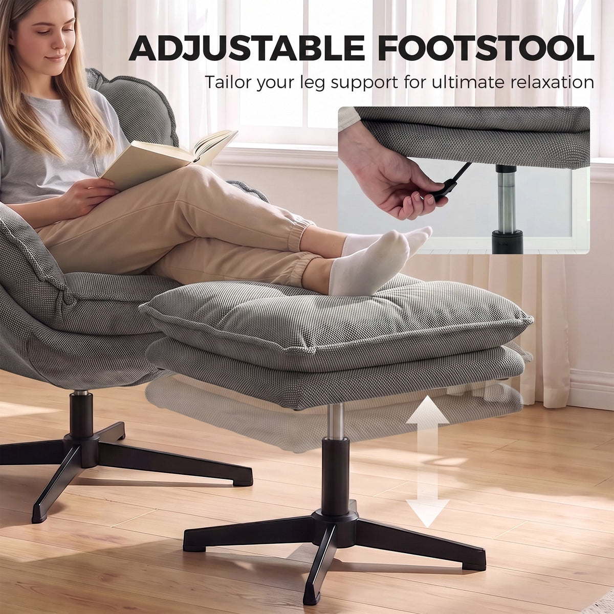 HOMCOM Armchair with Adjustable Footstool, 360-Degree Swivel Chenille Cloud Accent Chair with Thick Cushion, Steel Base, Grey