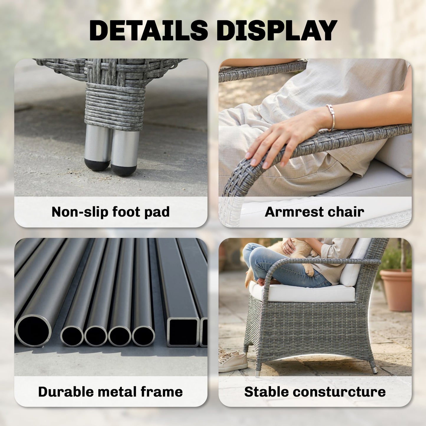 Outsunny 3 Pieces Rattan Bistro Set, Wicker Garden Furniture Set with Metal Frame, Cover, Glass Top Coffee Table, Light Grey